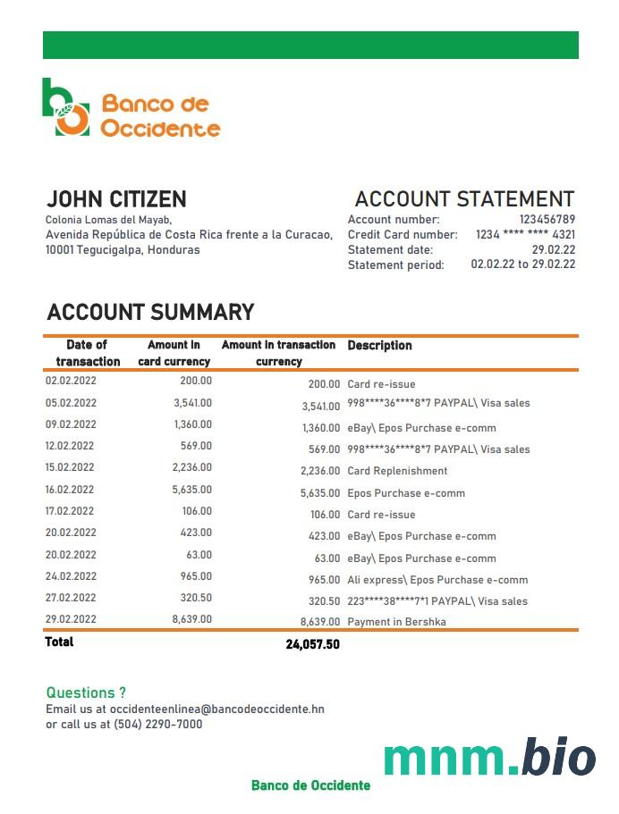 Szablon wyciągu bankowego Honduras Banco de Occidente w formacie Word i PDF